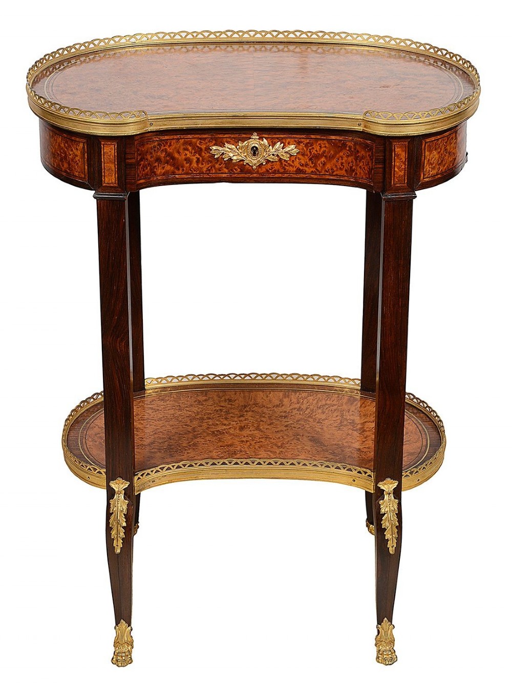 A Louis XVI style kidney-shaped two-tier side table featuring burr walnut veneer, a pierced brass gallery, and gilt-bronze mounts. View II