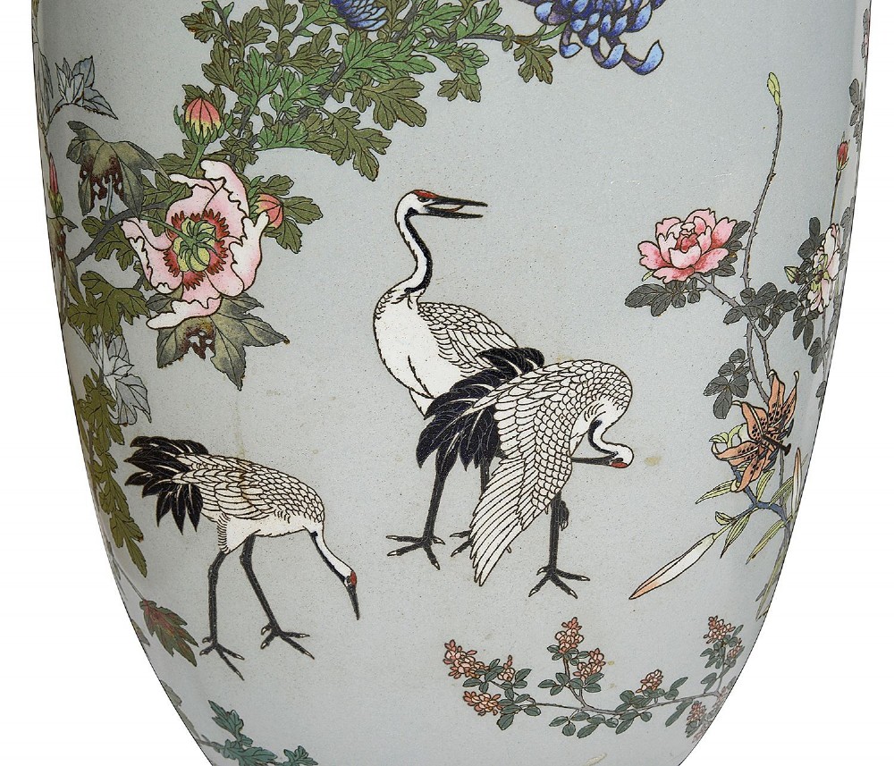 A pair of Japanese cloisonne enamel vase table lamps decorated with cranes and floral motifs on a light blue ground with cream pleated shades. View VI