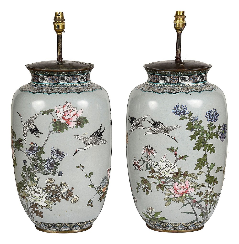 A pair of Japanese cloisonne enamel vase table lamps decorated with cranes and floral motifs on a light blue ground with cream pleated shades. View VII