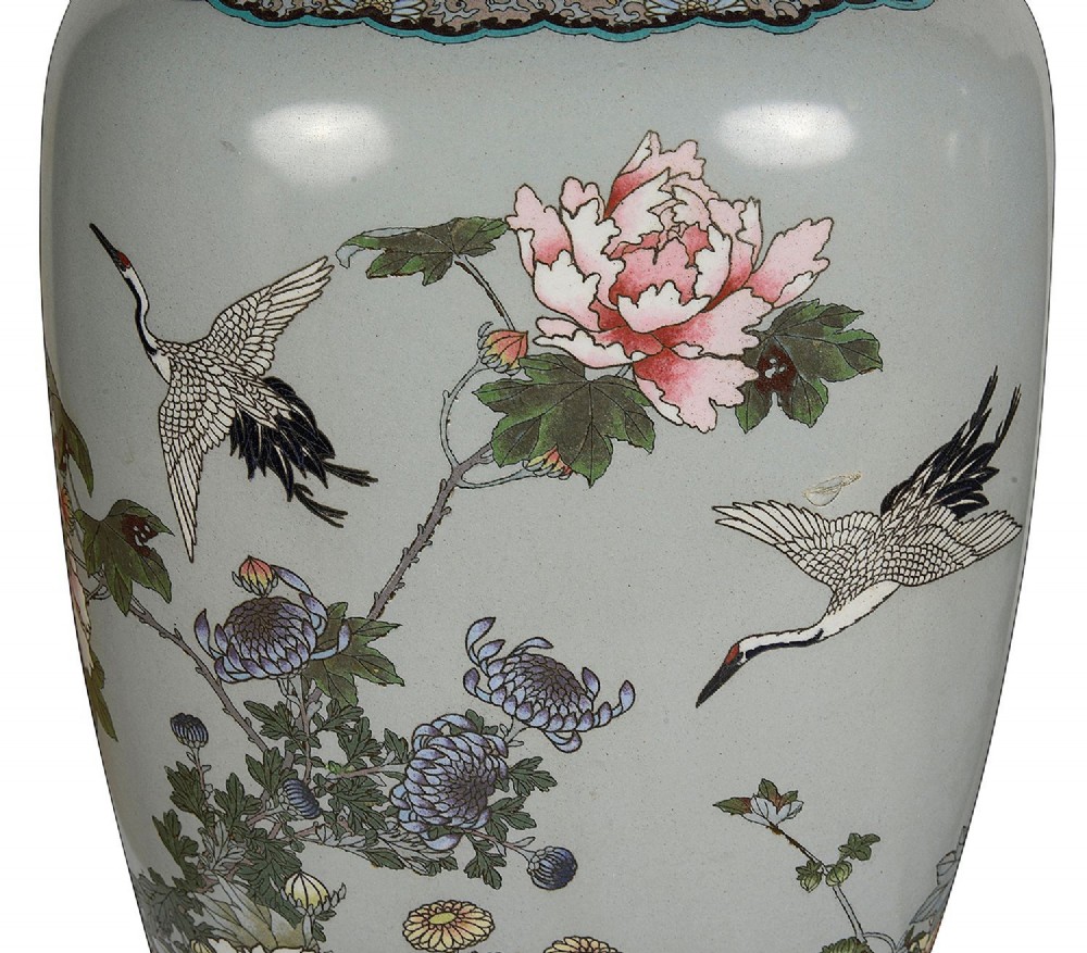 A pair of Japanese cloisonne enamel vase table lamps decorated with cranes and floral motifs on a light blue ground with cream pleated shades. View VIII