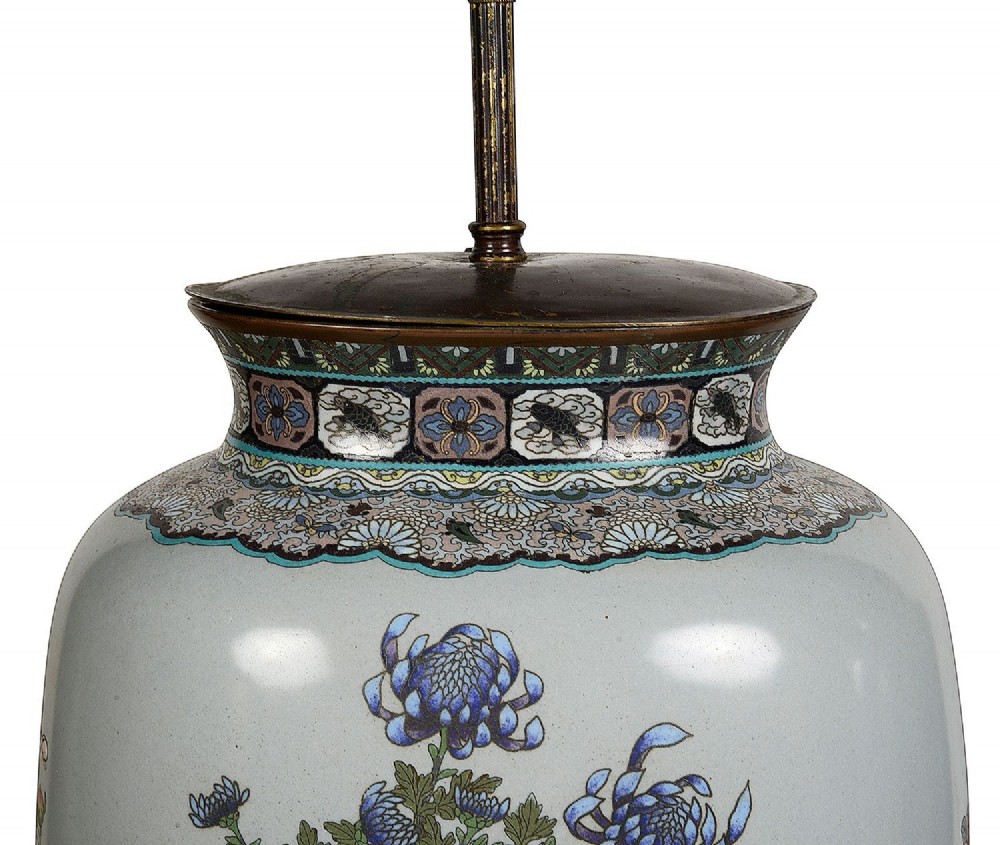 A pair of Japanese cloisonne enamel vase table lamps decorated with cranes and floral motifs on a light blue ground with cream pleated shades. View IX