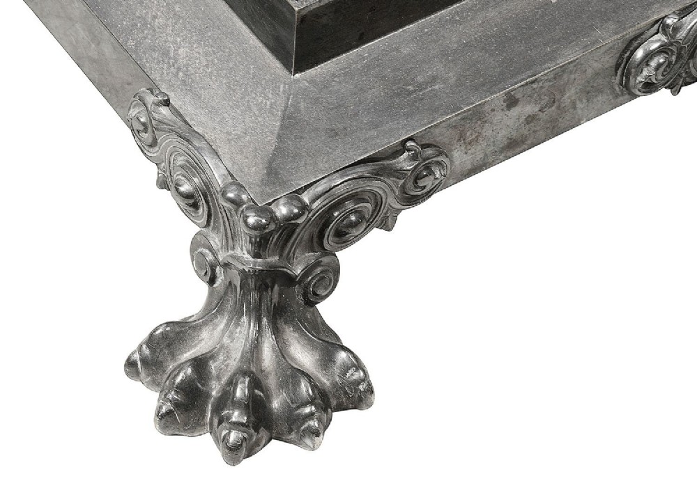 A silver-plated standard lamp featuring a fluted Corinthian column stem, an ornate square base with paw feet, and a beige fabric shade. View IV