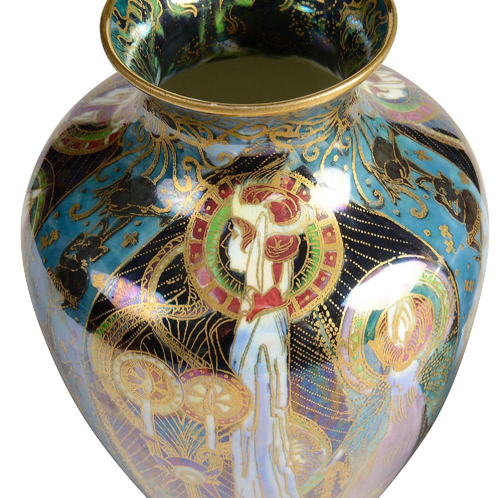 A pair of baluster-shaped Wedgwood Fairyland Lustre vases featuring the Candlemas pattern with iridescent blue background and elaborate gold gilding. View II