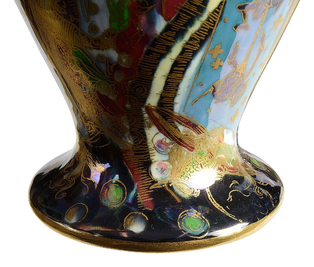 A pair of baluster-shaped Wedgwood Fairyland Lustre vases featuring the Candlemas pattern with iridescent blue background and elaborate gold gilding. View IV
