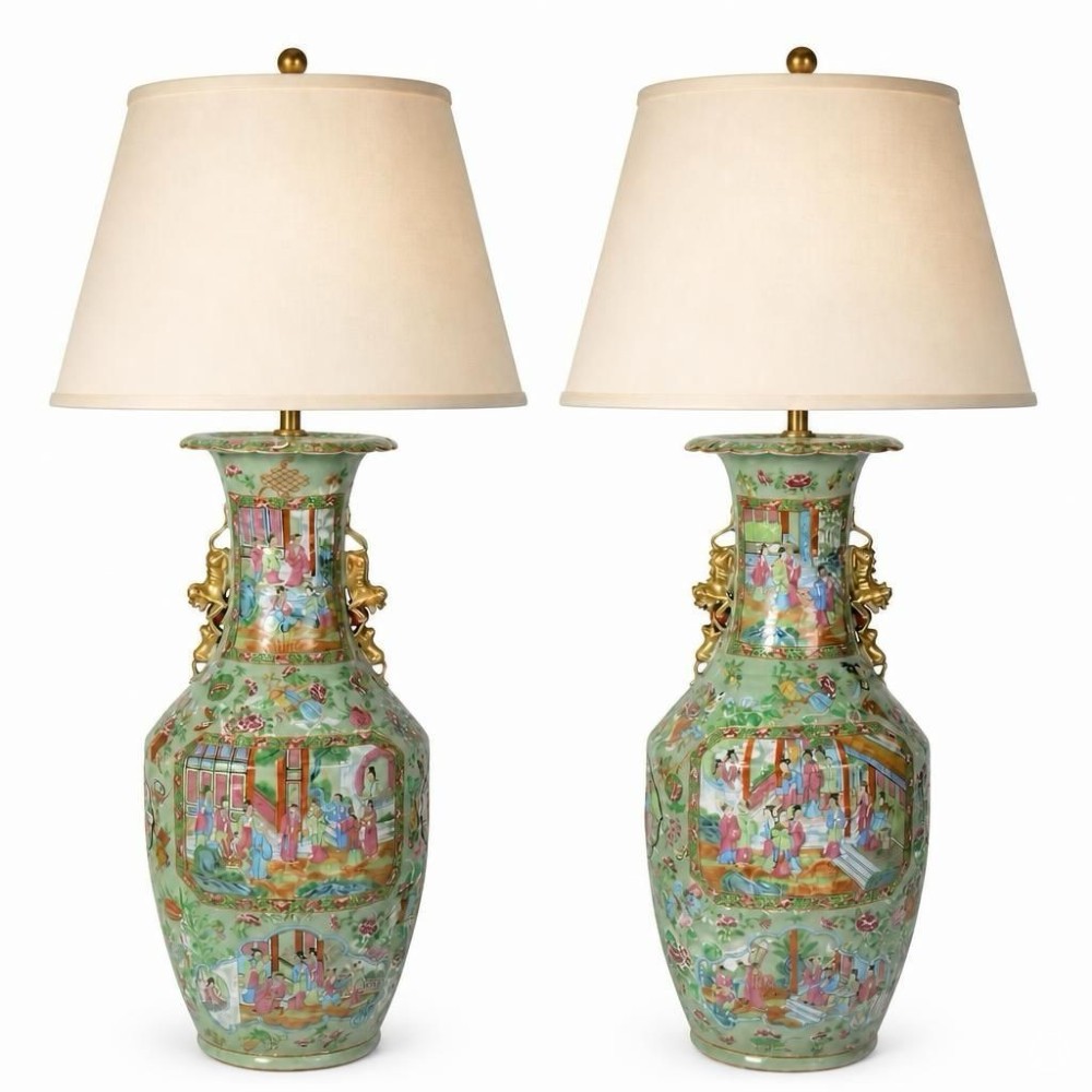 A pair of nineteenth-century Rose Medallion Chinese porcelain vases adapted as table lamps with cream fabric empire shades.