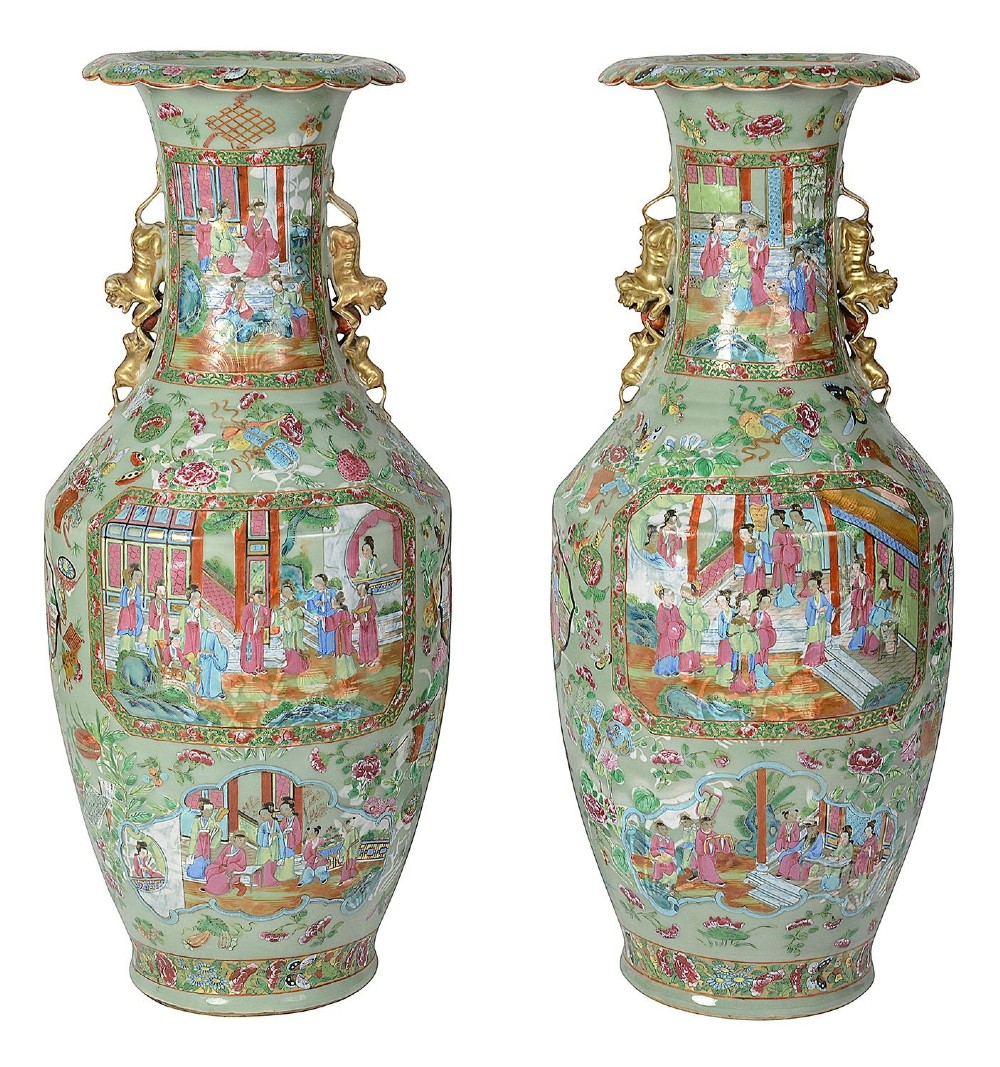 A pair of nineteenth-century Rose Medallion Chinese porcelain vases adapted as table lamps with cream fabric empire shades. View II