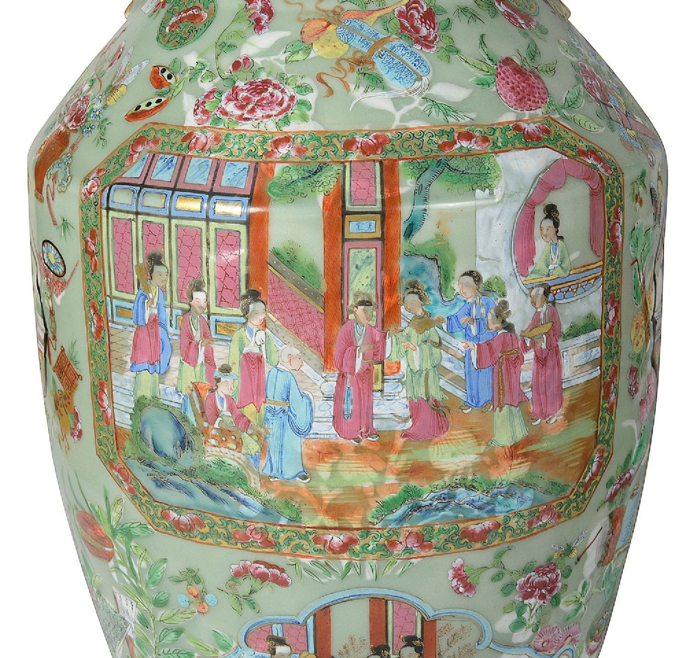 A pair of nineteenth-century Rose Medallion Chinese porcelain vases adapted as table lamps with cream fabric empire shades. View III
