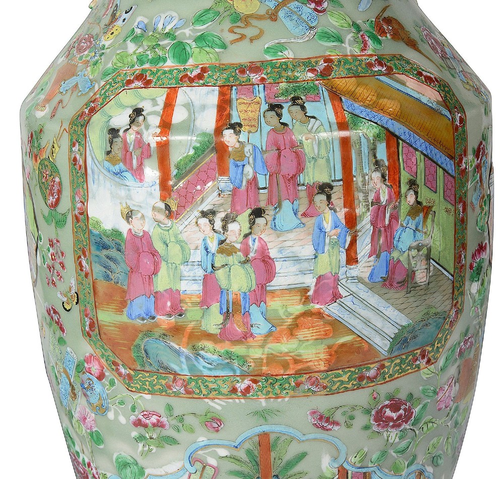 A pair of nineteenth-century Rose Medallion Chinese porcelain vases adapted as table lamps with cream fabric empire shades. View IV