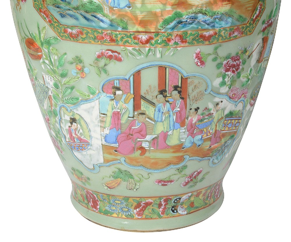 A pair of nineteenth-century Rose Medallion Chinese porcelain vases adapted as table lamps with cream fabric empire shades. View VI
