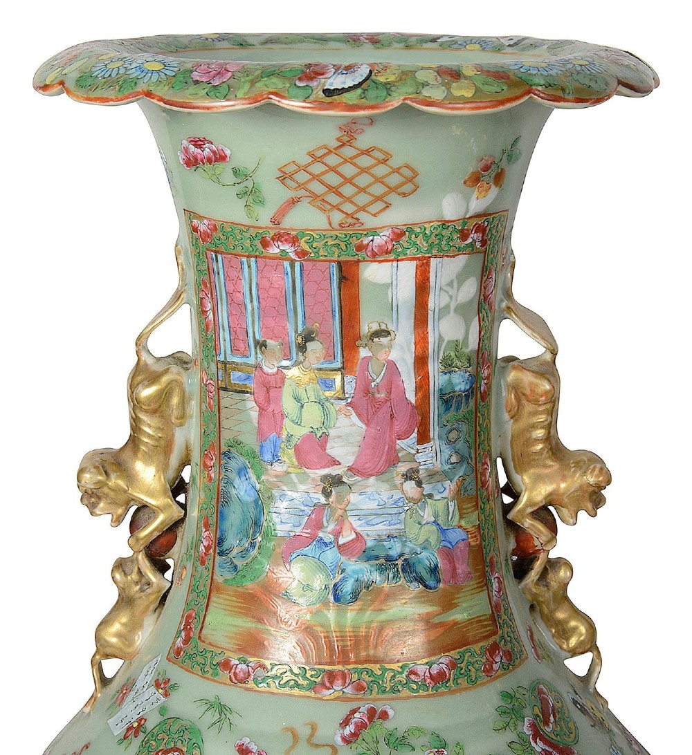A pair of nineteenth-century Rose Medallion Chinese porcelain vases adapted as table lamps with cream fabric empire shades. View VII