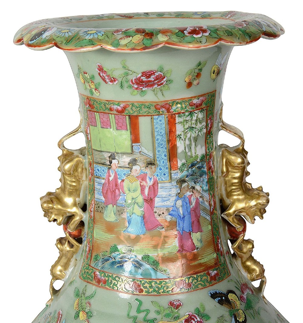 A pair of nineteenth-century Rose Medallion Chinese porcelain vases adapted as table lamps with cream fabric empire shades. View VIII