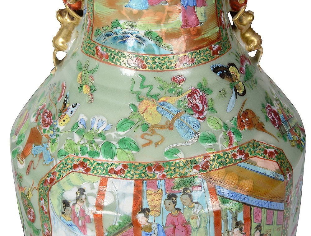 A pair of nineteenth-century Rose Medallion Chinese porcelain vases adapted as table lamps with cream fabric empire shades. View IX