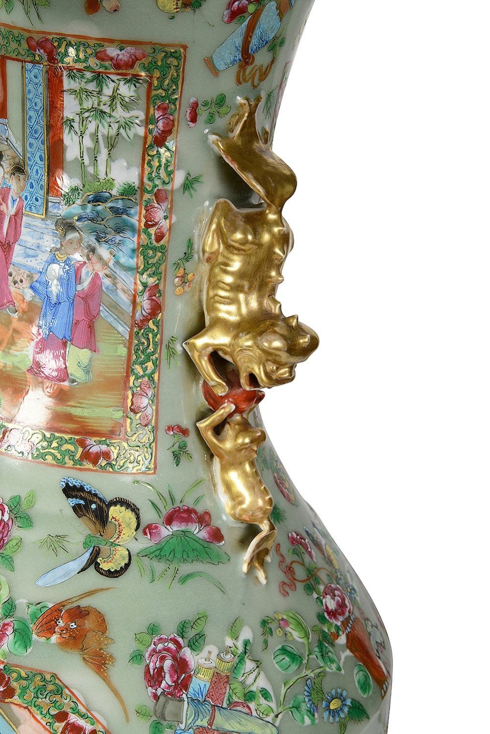 A pair of nineteenth-century Rose Medallion Chinese porcelain vases adapted as table lamps with cream fabric empire shades. View X