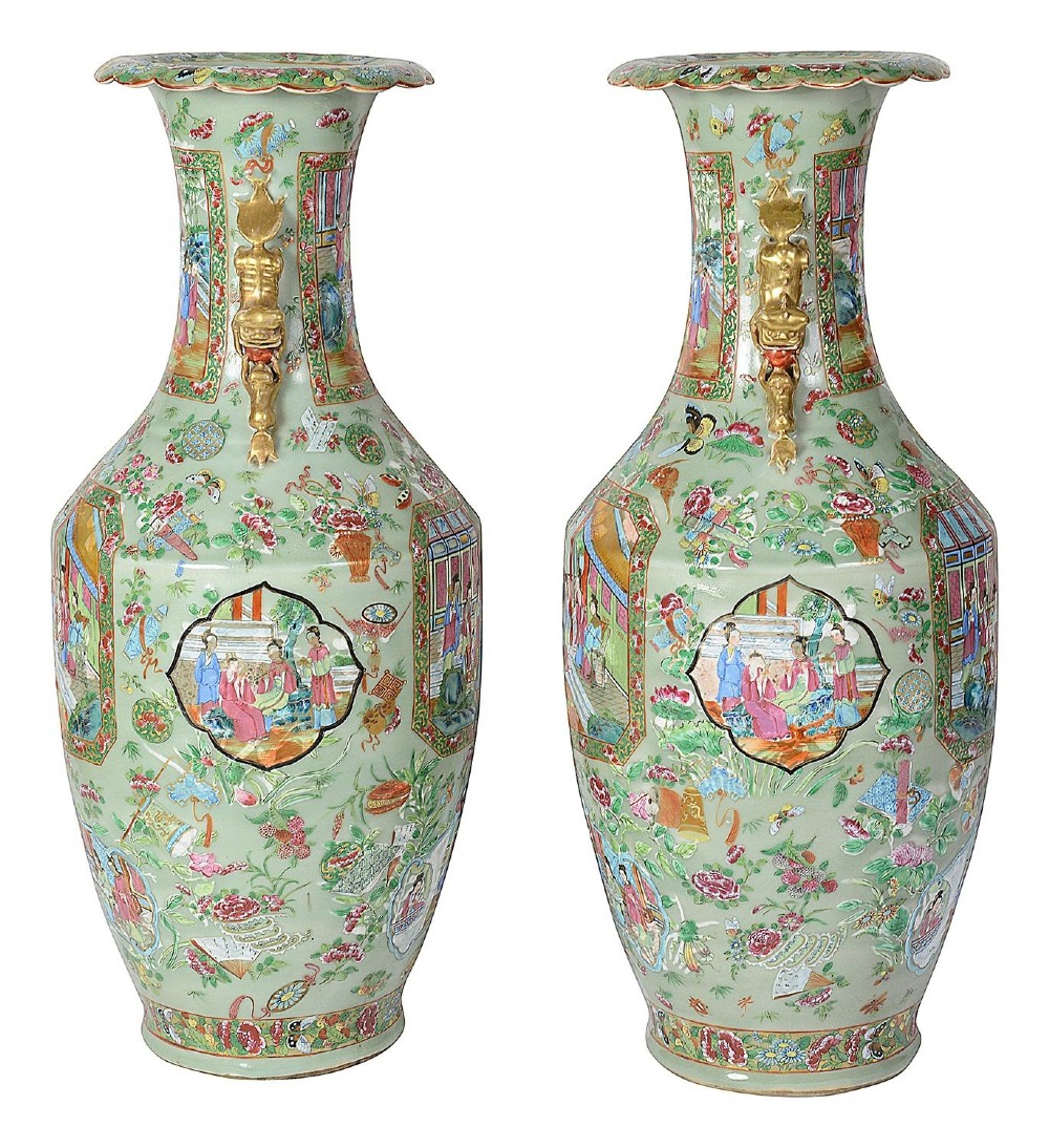A pair of nineteenth-century Rose Medallion Chinese porcelain vases adapted as table lamps with cream fabric empire shades. View XII