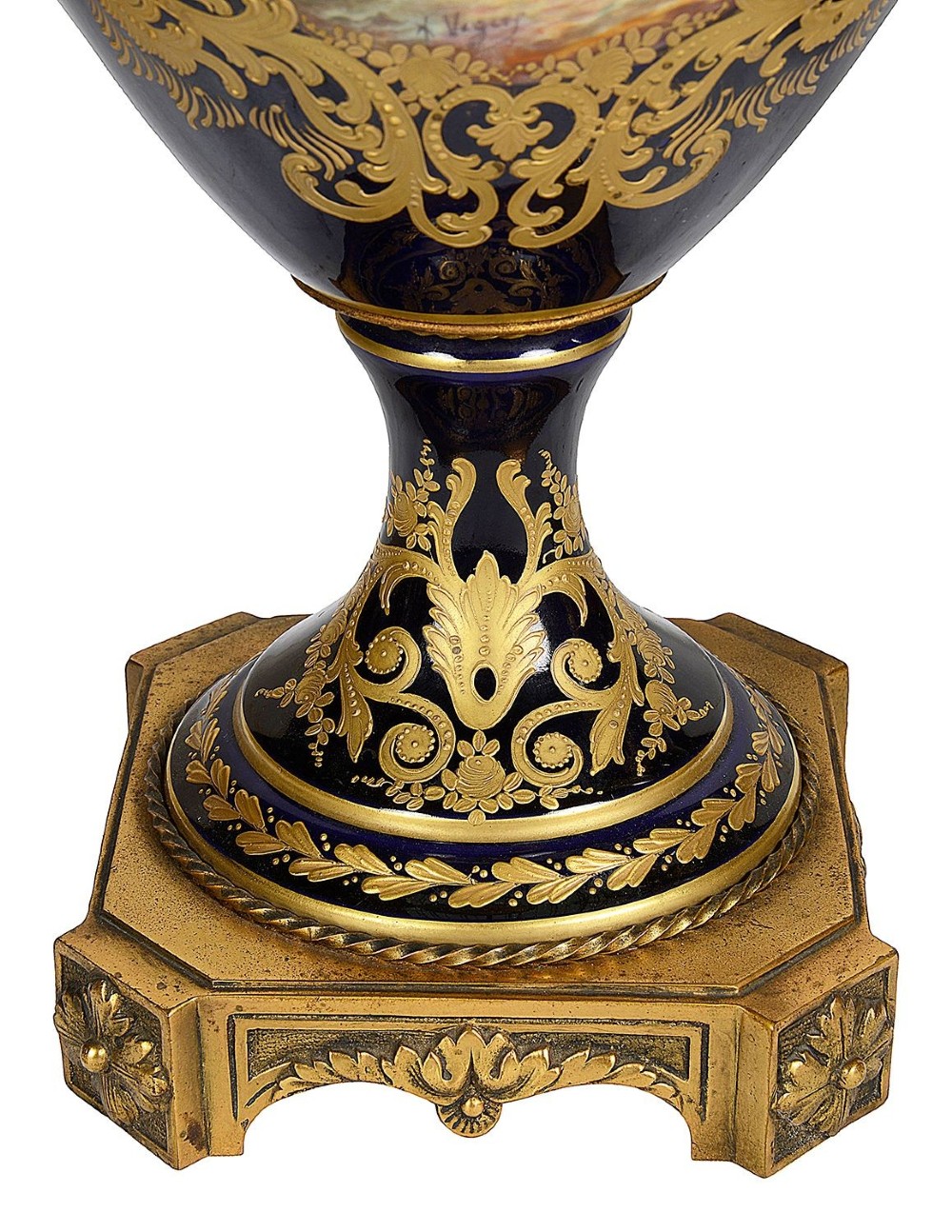 A pair of 19th-century French Sevres-style cobalt blue porcelain urn lamps featuring hand-painted romantic scenes, ornate gilt bronze mounts, and fringed fabric shades. View III