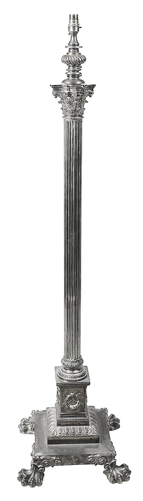 A silver-plated standard lamp featuring a fluted Corinthian column stem, an ornate square base with paw feet, and a beige fabric shade. View V