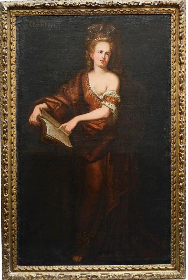 A pair of full-length 18th-century oil paintings depicting classical female figures in draped ochre gowns within matching carved gilt frames. View II