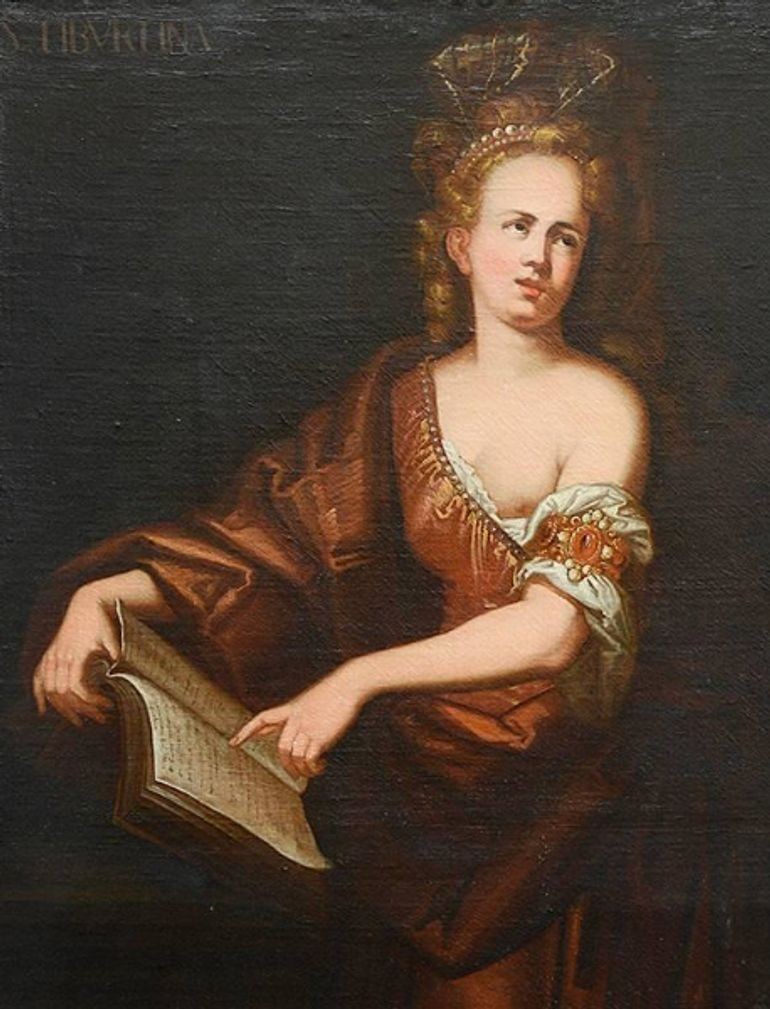 A pair of full-length 18th-century oil paintings depicting classical female figures in draped ochre gowns within matching carved gilt frames. View IV