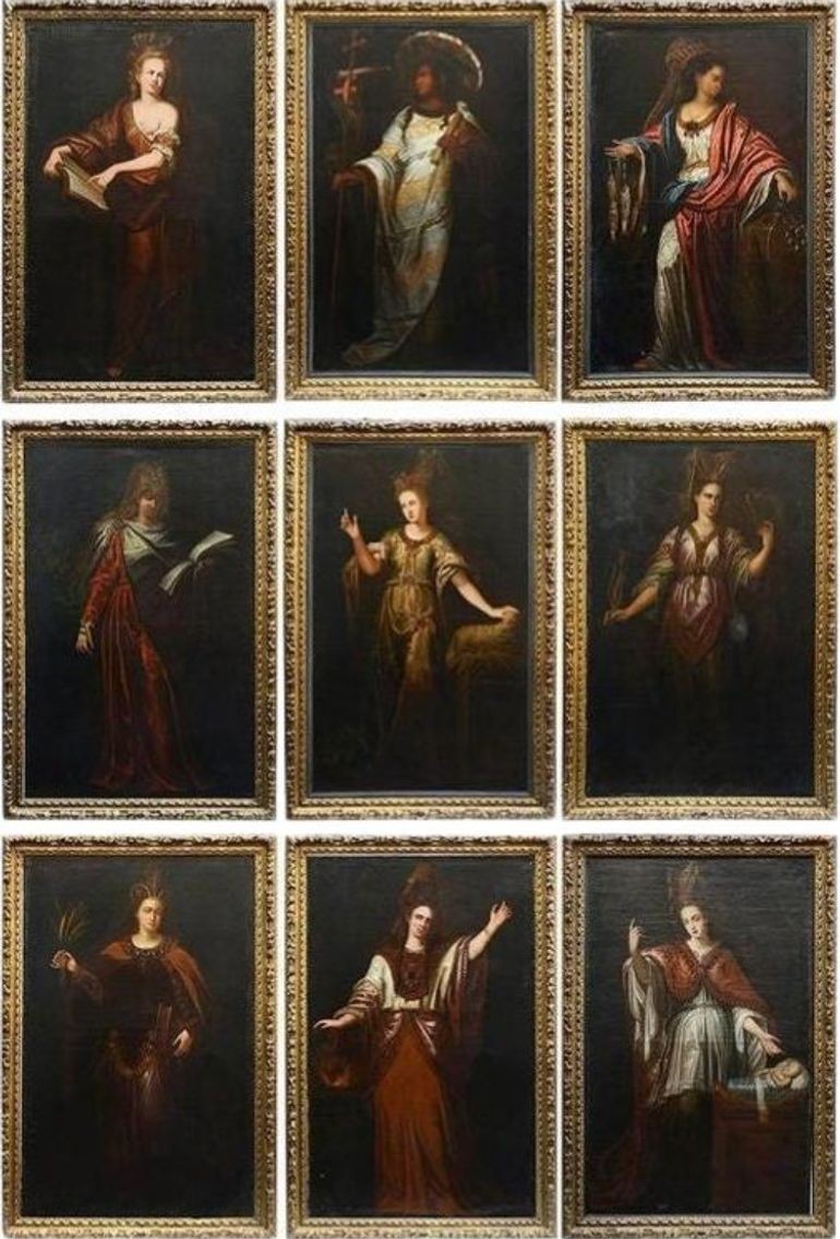 A pair of full-length 18th-century oil paintings depicting classical female figures in draped ochre gowns within matching carved gilt frames. View VI