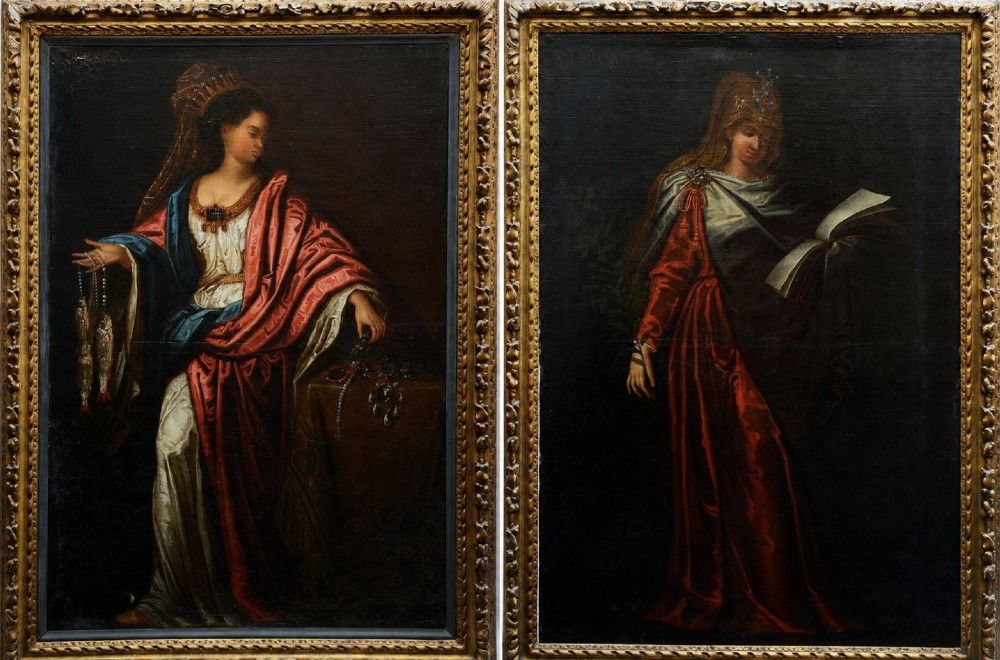 A pair of eighteenth-century oil paintings depicting the Cumaean and Delphic Sibyls wearing classical drapery, set within carved giltwood frames.