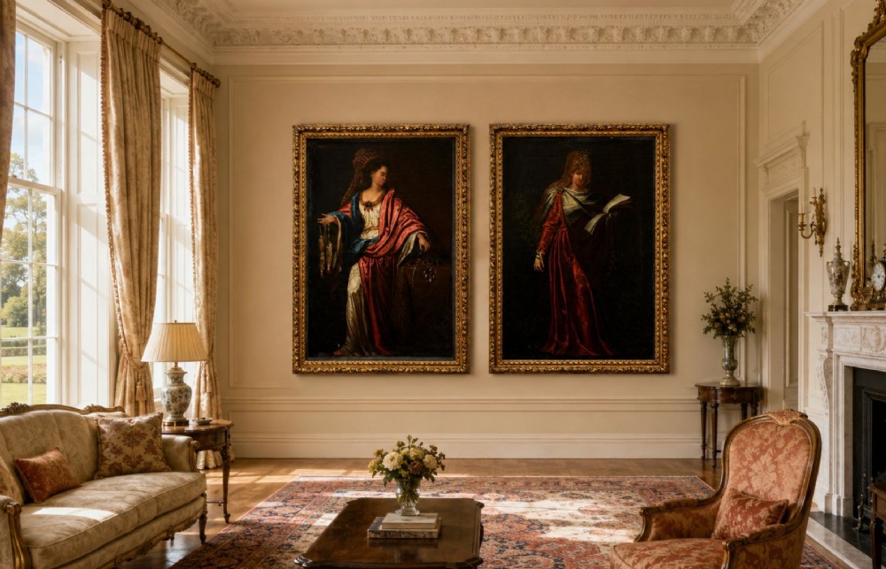 A pair of eighteenth-century oil paintings depicting the Cumaean and Delphic Sibyls wearing classical drapery, set within carved giltwood frames. View VII