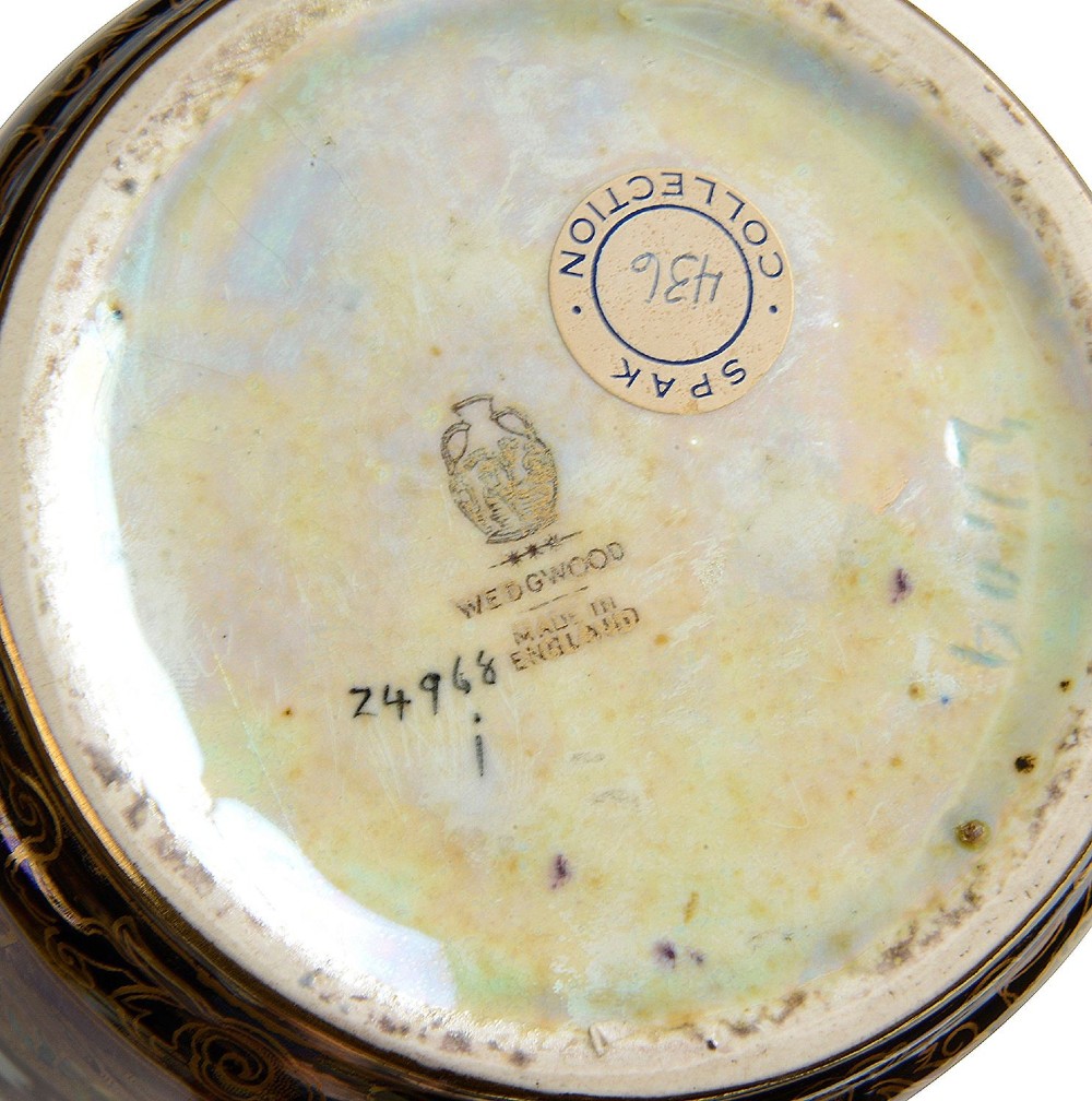 A tall Art Deco porcelain vase featuring iridescent lustre glazing, fairy tale illustrations, and intricate gold architectural borders. View VIII