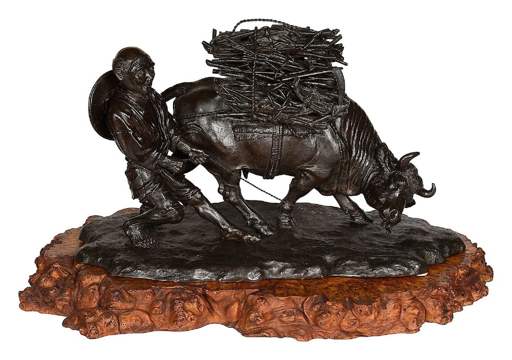 Japanese Bronze Woodsman + Buffalo, Meiji period. 68cm