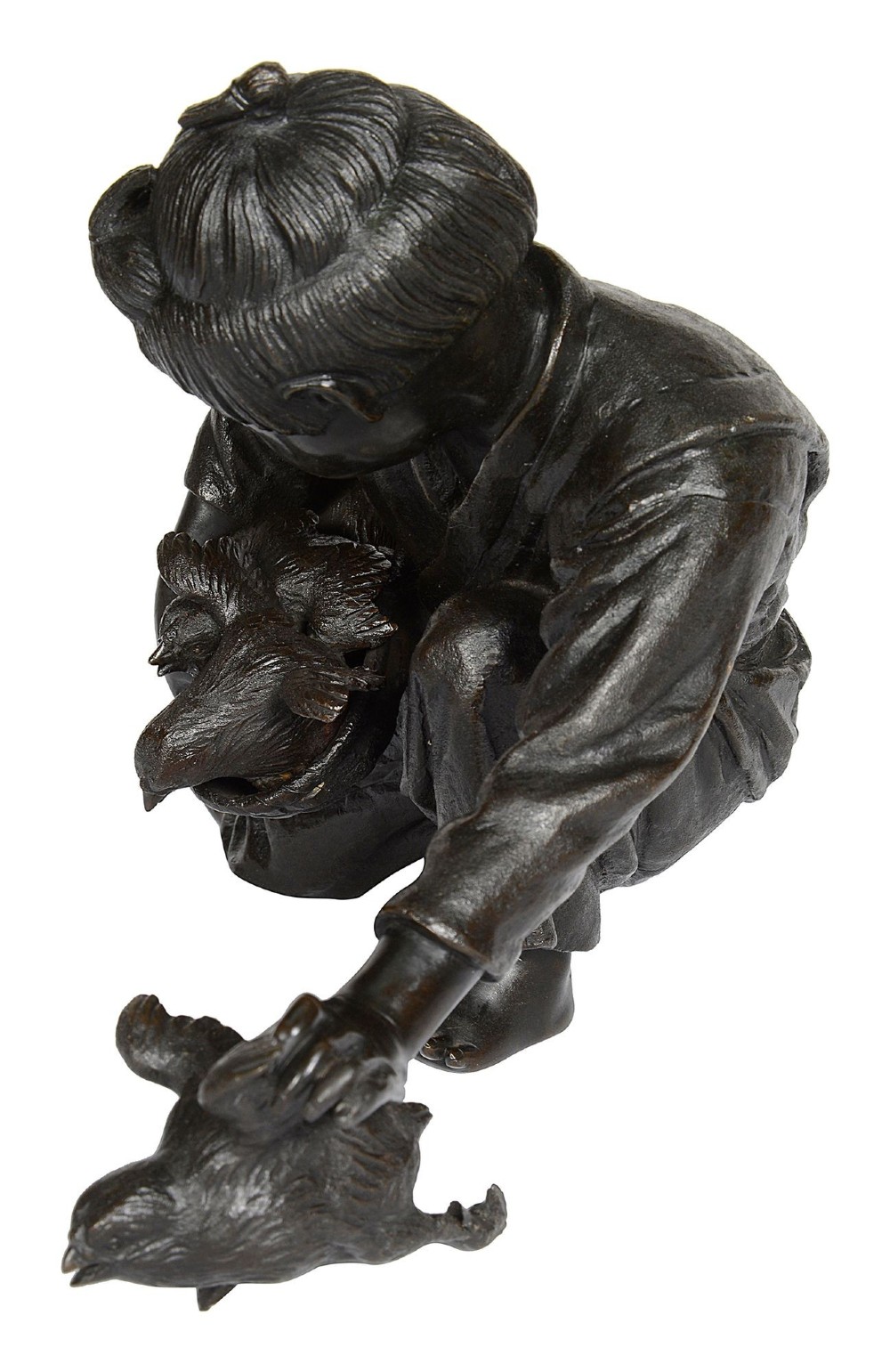 A dark brown patinated Japanese bronze sculpture depicting a crouching girl in traditional robes gathering chickens, dating to the late nineteenth century. View V