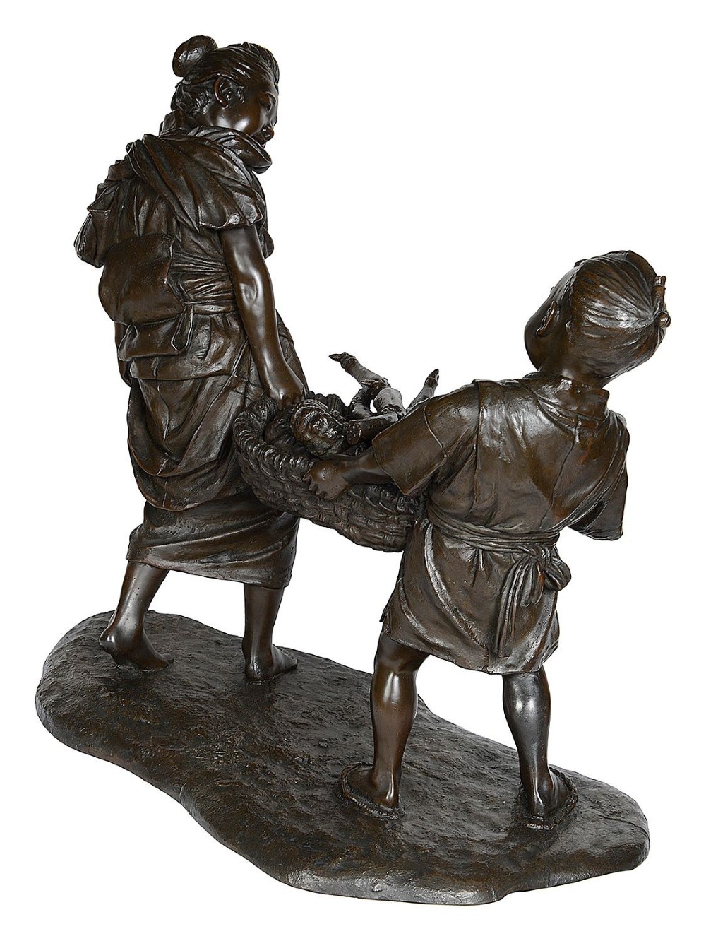 A dark brown patinated bronze sculpture depicting a Japanese woman and child carrying a woven basket filled with produce across a textured base. View VIII