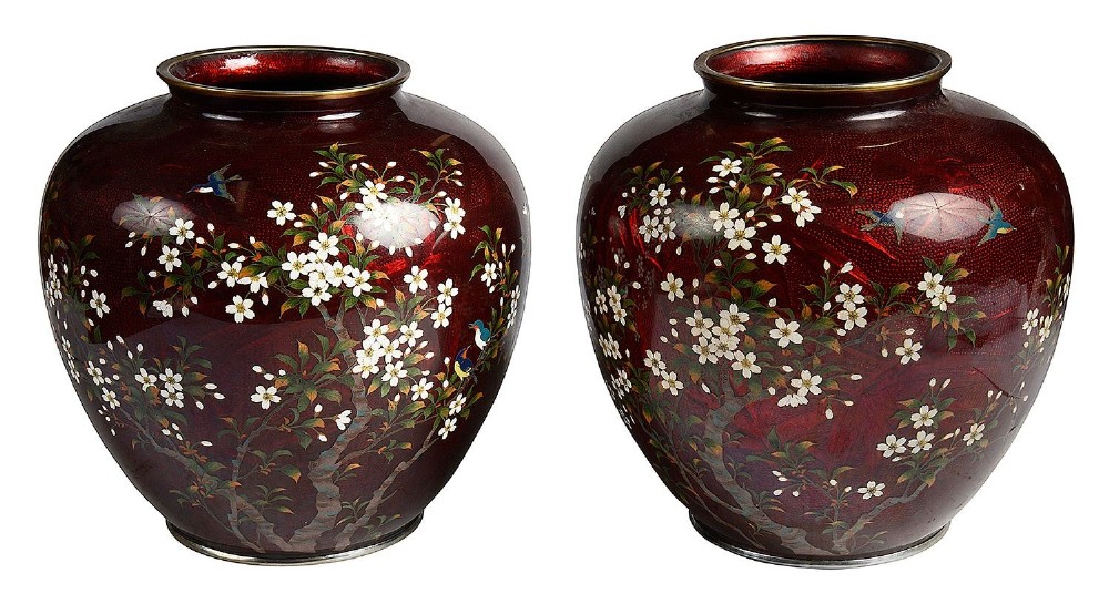 Fine quality pair of Japanese Cloisonné vases, Meiji period.