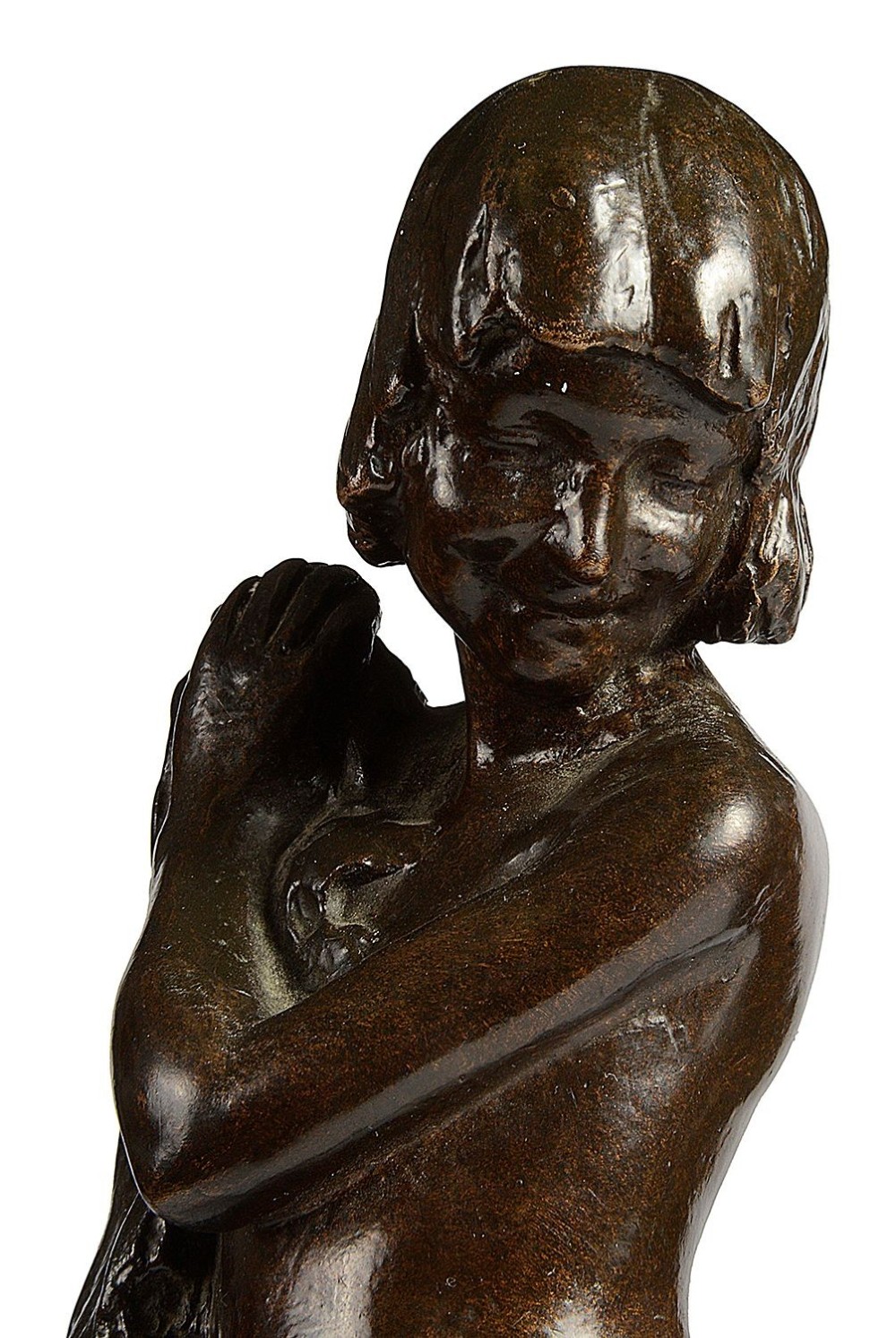 A dark brown patinated bronze sculpture depicting two young children near a rock formation, with one standing above holding a towel and the other crouching at the base. View II