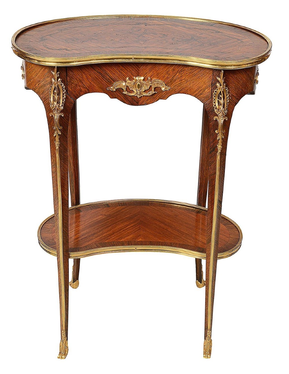 A kidney-shaped French marquetry side table featuring cabriole legs, an lower tier shelf, and metal edge mounts. View II