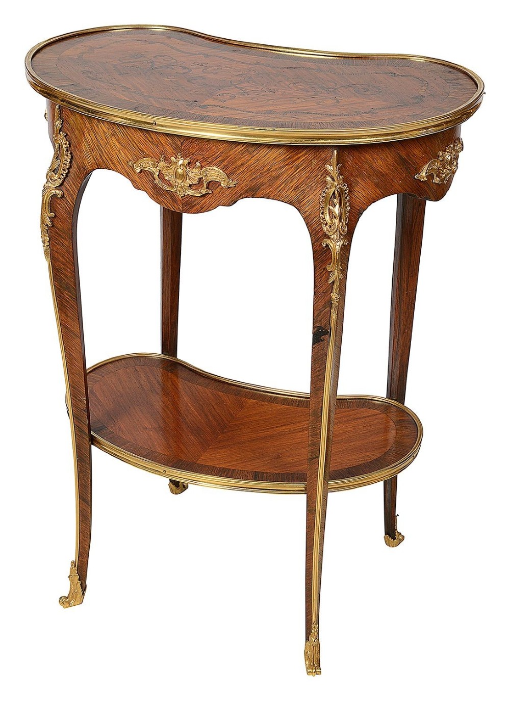 A kidney-shaped French marquetry side table featuring cabriole legs, an lower tier shelf, and metal edge mounts. View VII