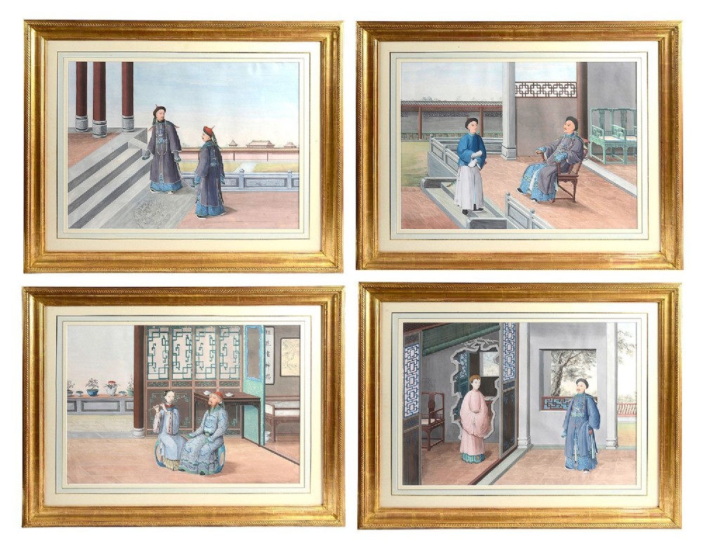 A set of four framed Chinese Canton watercolour paintings depicting figures in Qing dynasty attire positioned within traditional architectural interiors and courtyards, presented in gilded frames.