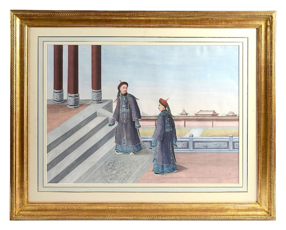 A set of four framed Chinese Canton watercolour paintings depicting figures in Qing dynasty attire positioned within traditional architectural interiors and courtyards, presented in gilded frames. View II