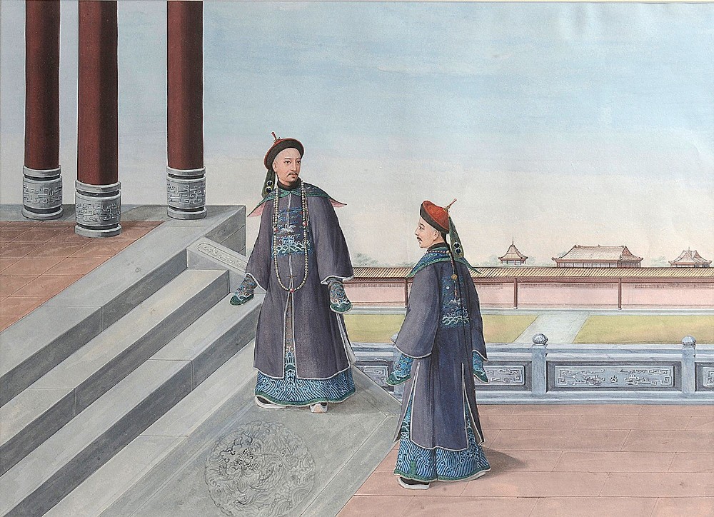 A set of four framed Chinese Canton watercolour paintings depicting figures in Qing dynasty attire positioned within traditional architectural interiors and courtyards, presented in gilded frames. View III