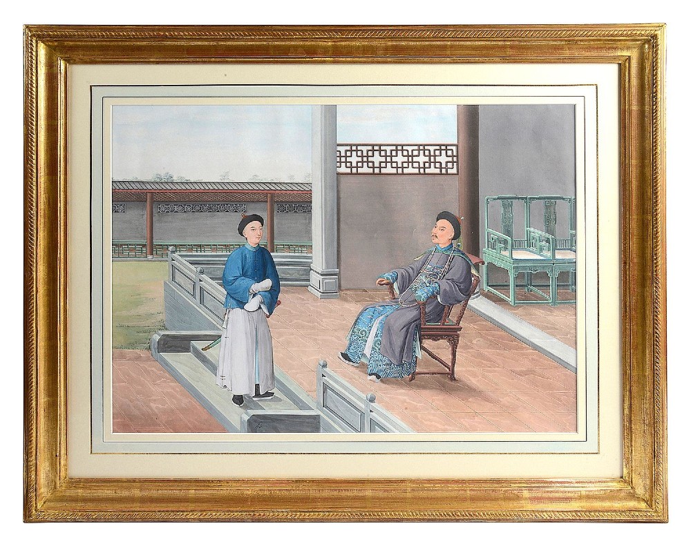 A set of four framed Chinese Canton watercolour paintings depicting figures in Qing dynasty attire positioned within traditional architectural interiors and courtyards, presented in gilded frames. View IV