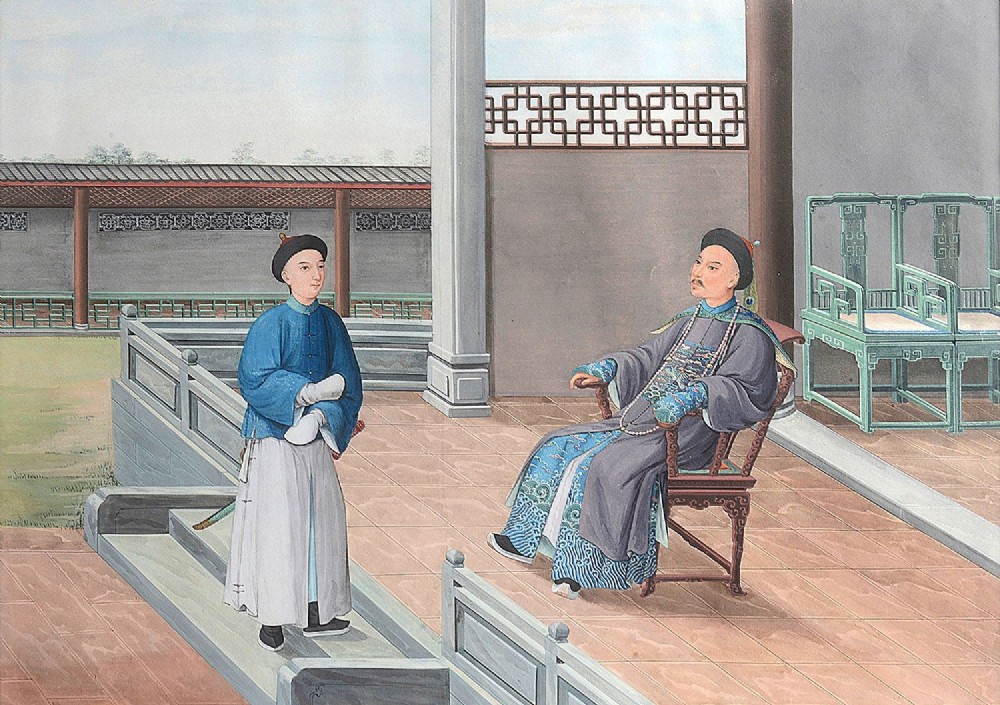 A set of four framed Chinese Canton watercolour paintings depicting figures in Qing dynasty attire positioned within traditional architectural interiors and courtyards, presented in gilded frames. View V