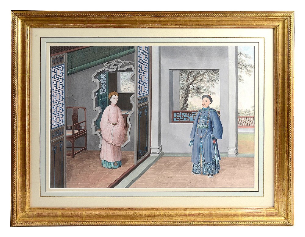 A set of four framed Chinese Canton watercolour paintings depicting figures in Qing dynasty attire positioned within traditional architectural interiors and courtyards, presented in gilded frames. View VI