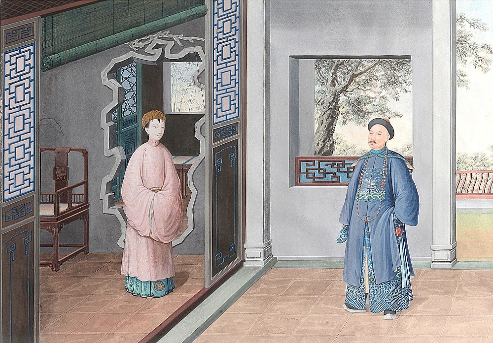 A set of four framed Chinese Canton watercolour paintings depicting figures in Qing dynasty attire positioned within traditional architectural interiors and courtyards, presented in gilded frames. View VII