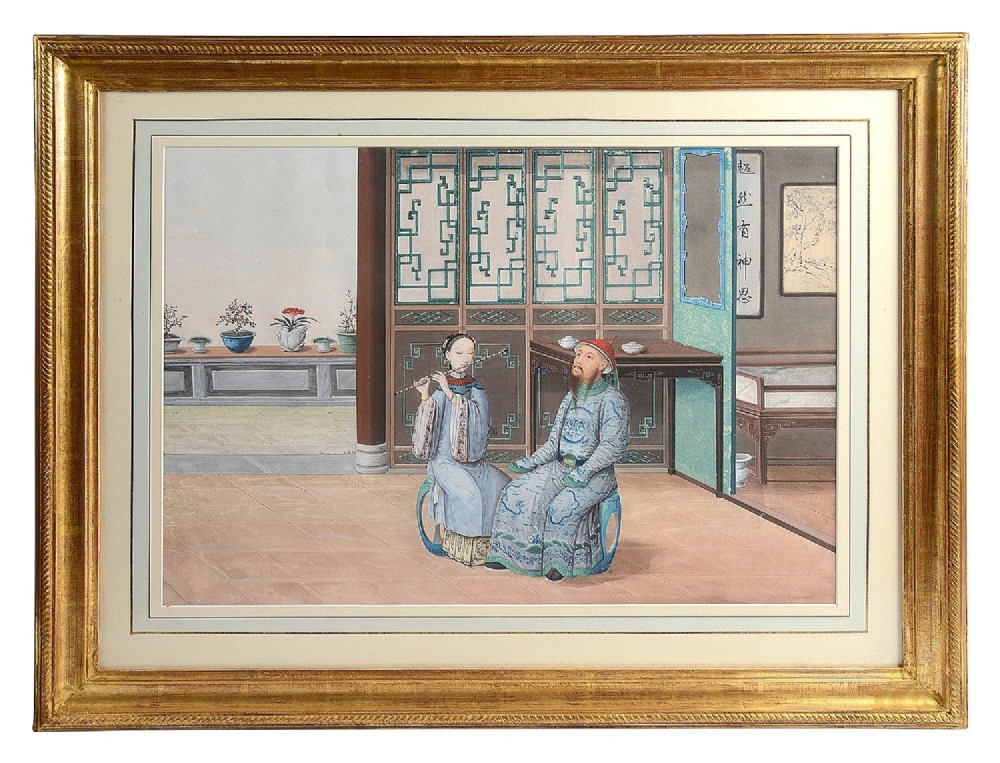 A set of four framed Chinese Canton watercolour paintings depicting figures in Qing dynasty attire positioned within traditional architectural interiors and courtyards, presented in gilded frames. View VIII