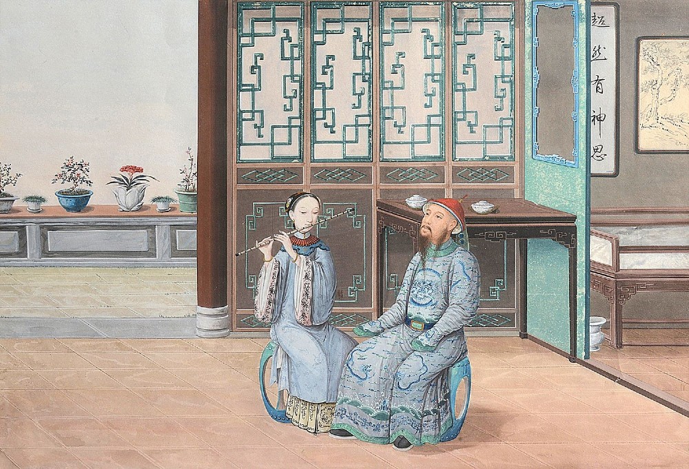 A set of four framed Chinese Canton watercolour paintings depicting figures in Qing dynasty attire positioned within traditional architectural interiors and courtyards, presented in gilded frames. View IX