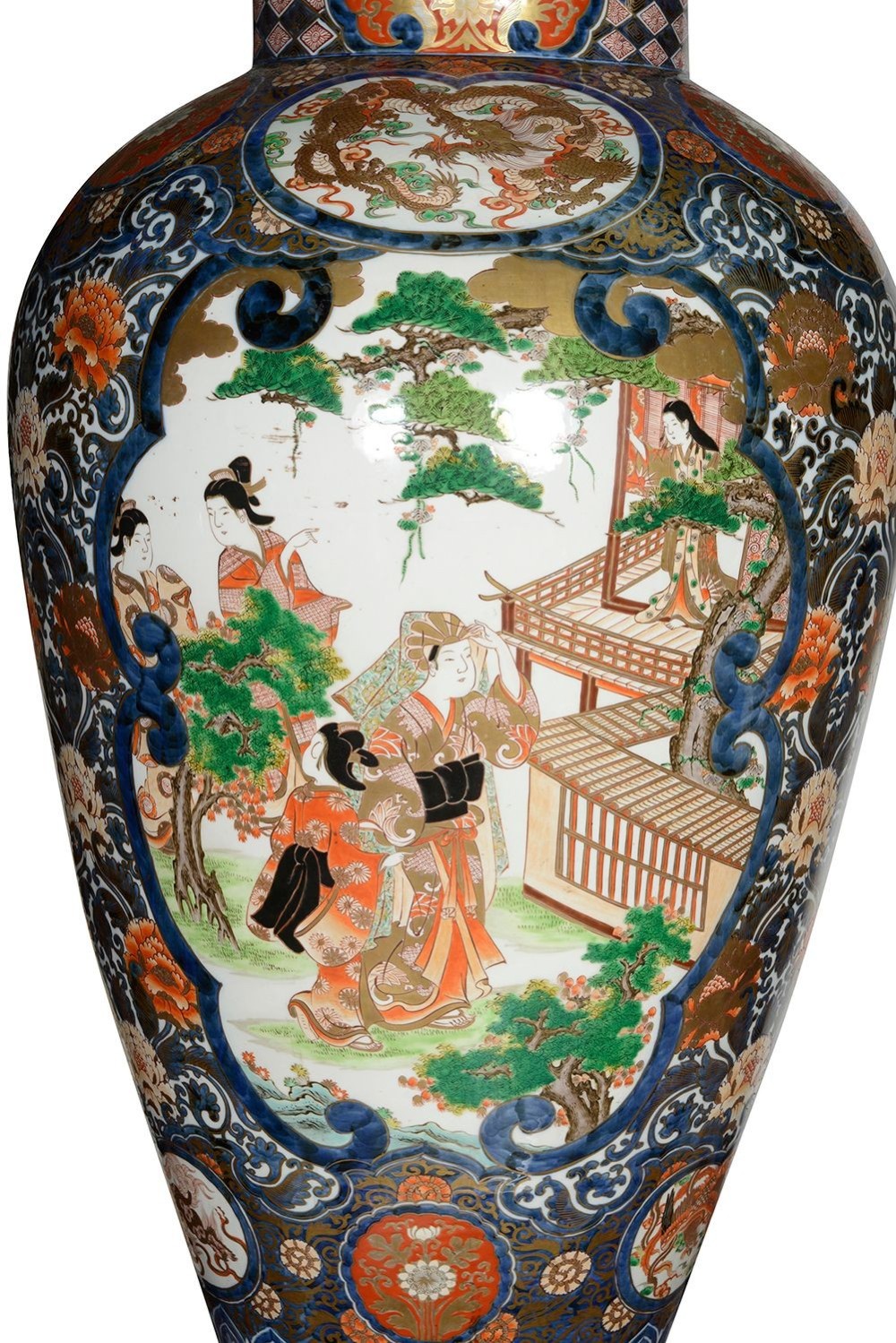 A pair of large 19th-century Japanese Imari porcelain lidded vases featuring painted reserves depicting figures in garden settings, surrounded by cobalt blue, orange, green, and gold patterns. View II