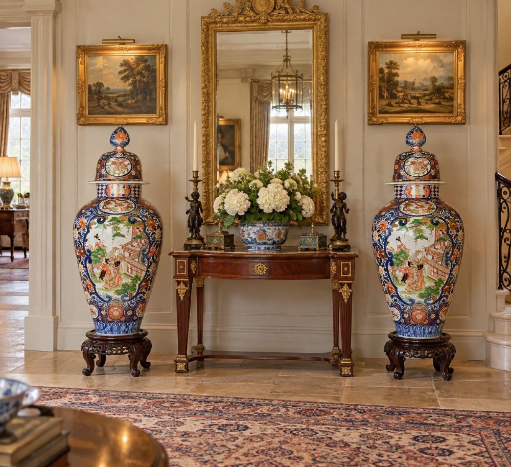 A pair of large 19th-century Japanese Imari porcelain lidded vases featuring painted reserves depicting figures in garden settings, surrounded by cobalt blue, orange, green, and gold patterns. View XII