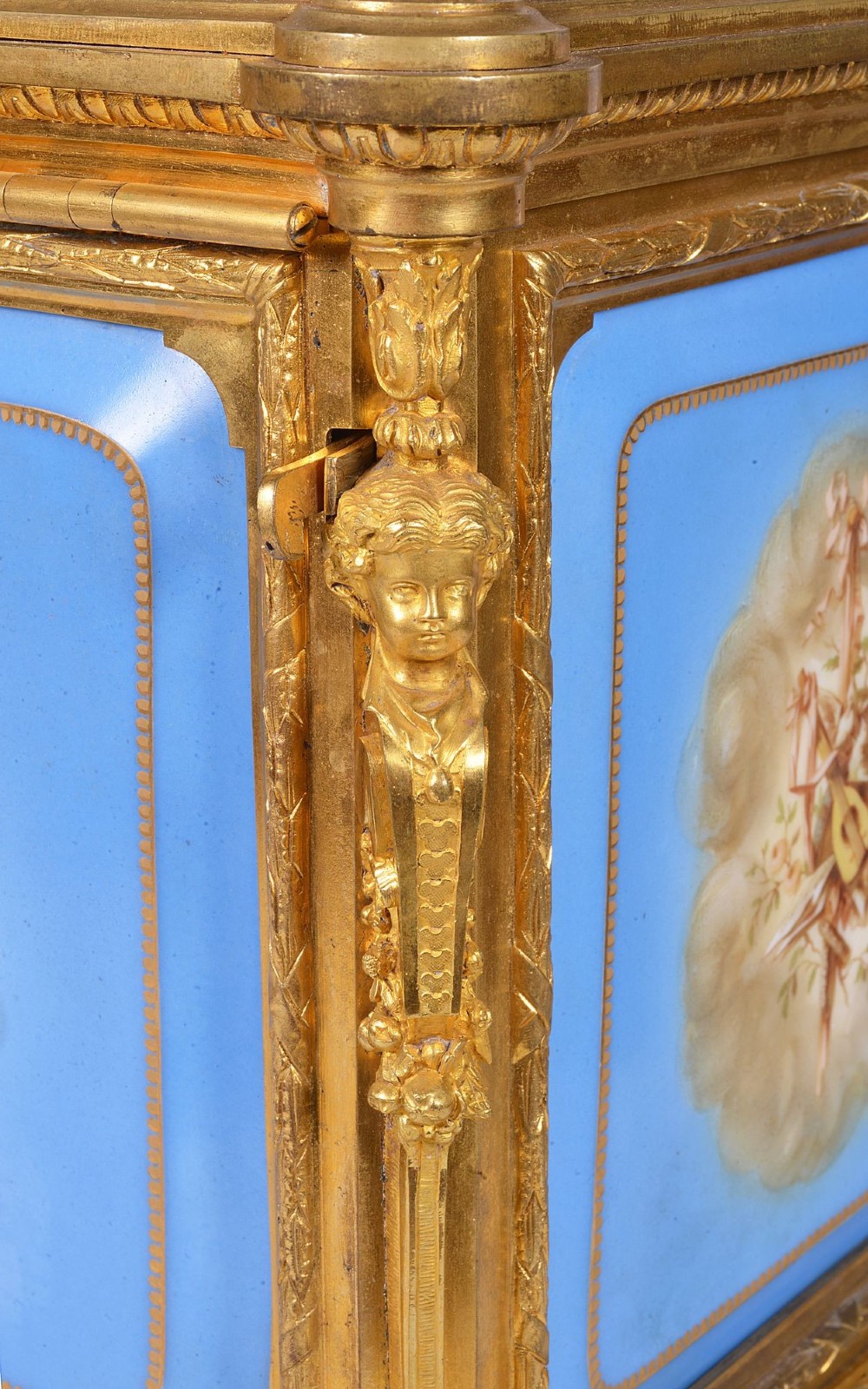 A 19th-century French ormolu and light blue porcelain decanter box open to display glass decanters and matching glasses. View VIII