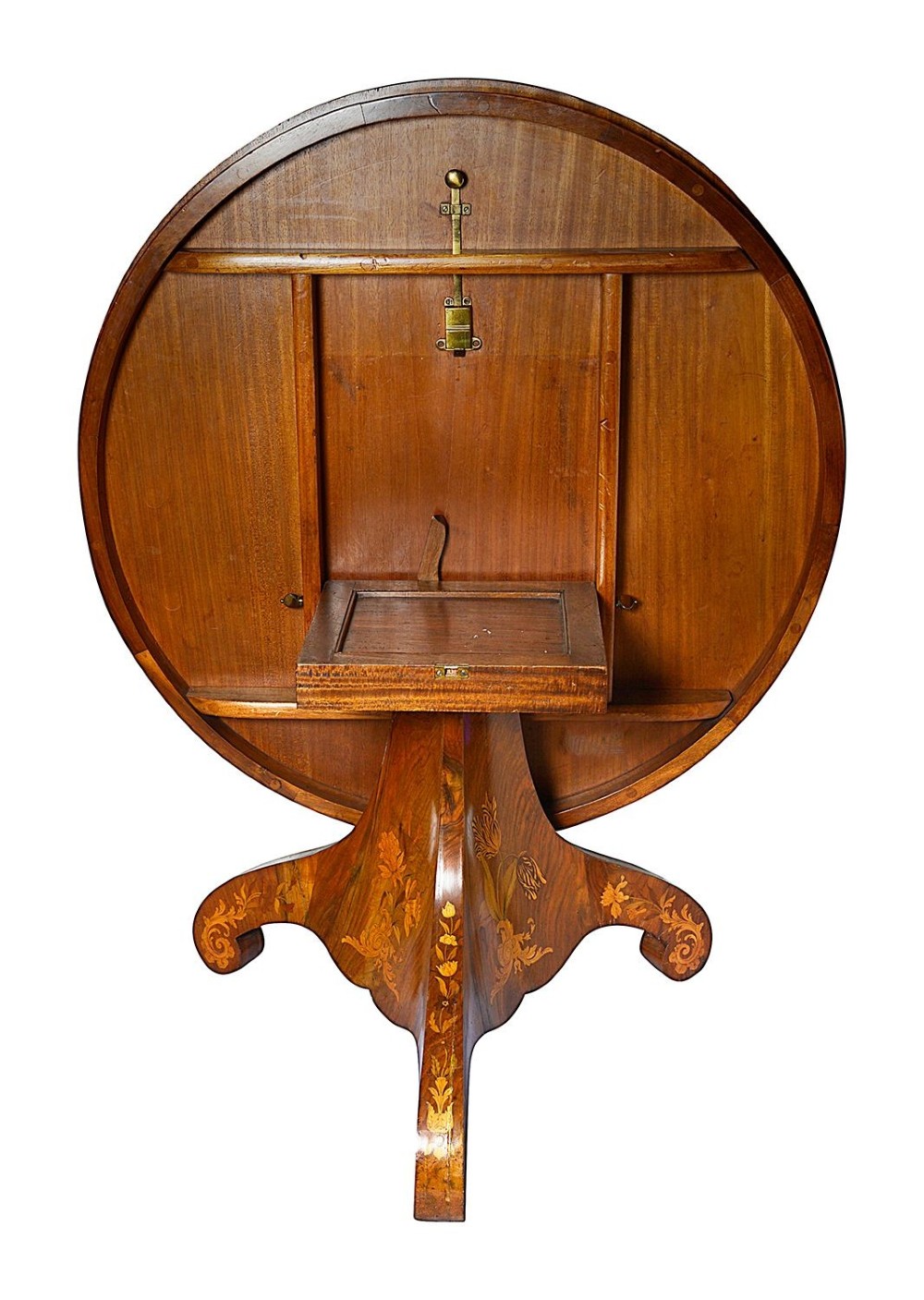 A circular Victorian walnut centre table featuring radial segment veneers, intricate floral marquetry, and a carved pedestal base with scroll feet. View VIII