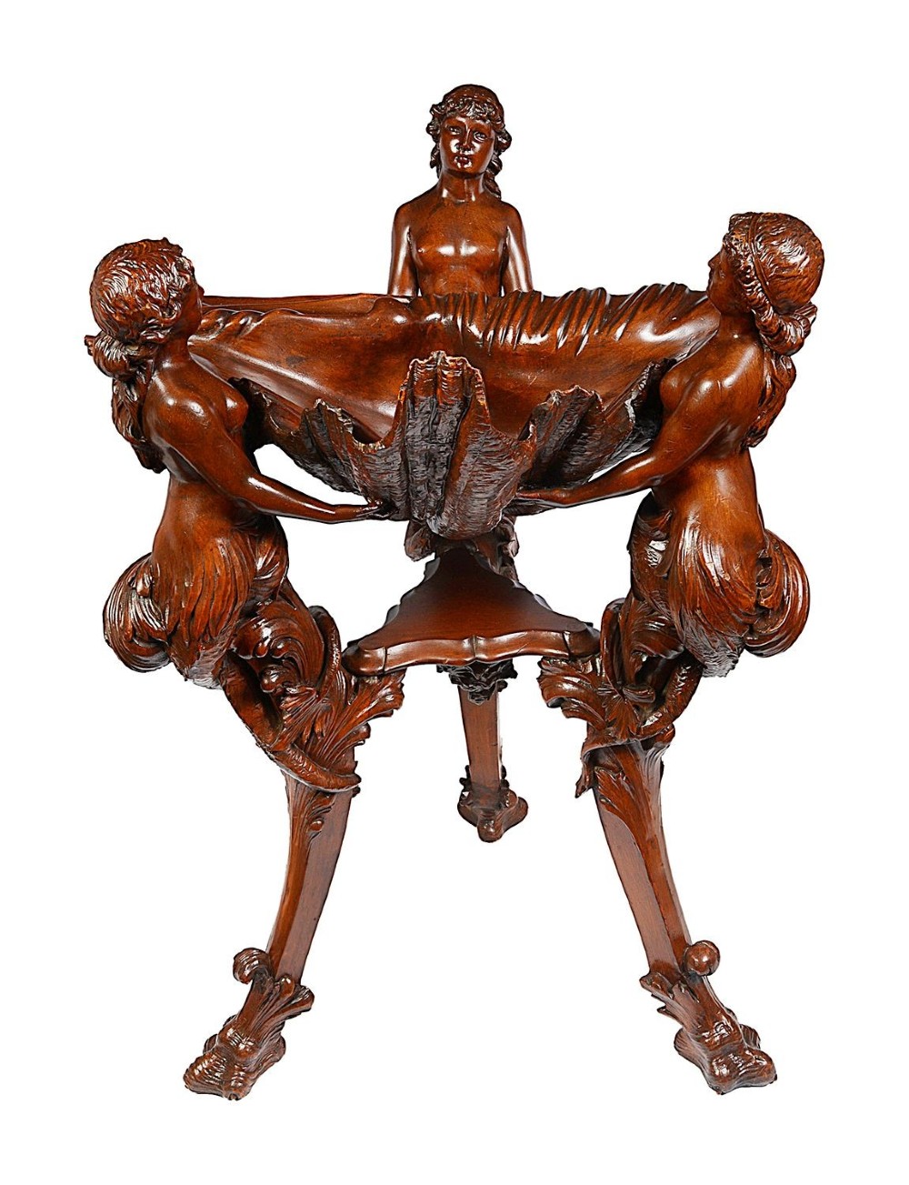 An 18th-century style carved walnut jardiniere featuring three mythical figures supporting a large shell basin on a tripod base.
