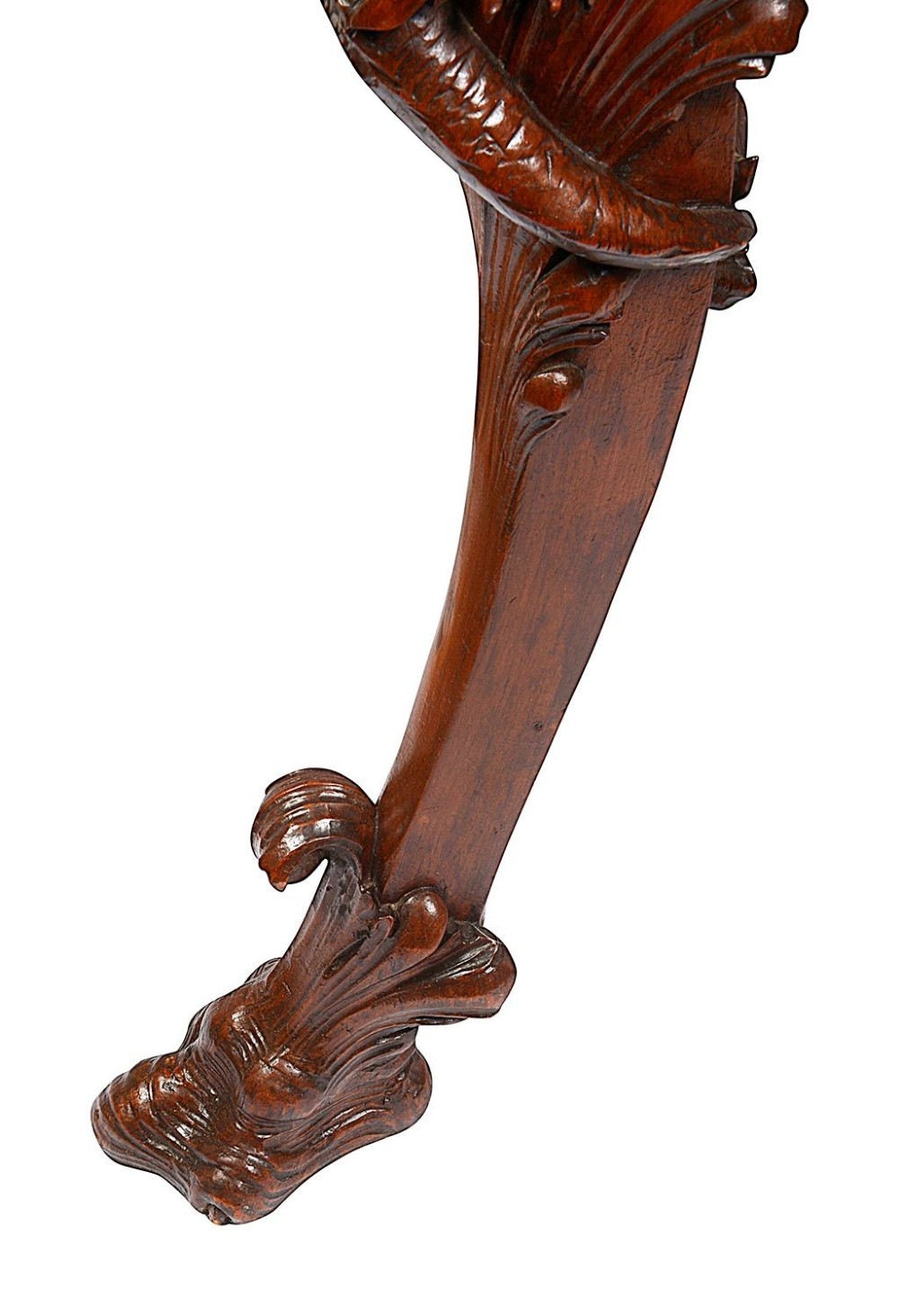 An 18th-century style carved walnut jardiniere featuring three mythical figures supporting a large shell basin on a tripod base. View IV