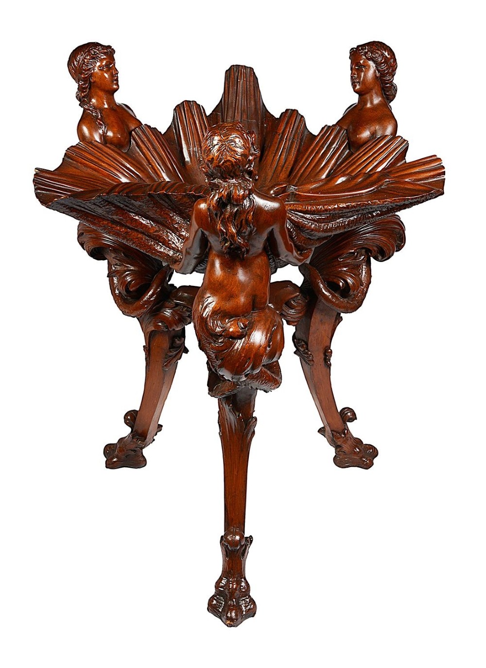 An 18th-century style carved walnut jardiniere featuring three mythical figures supporting a large shell basin on a tripod base. View VI