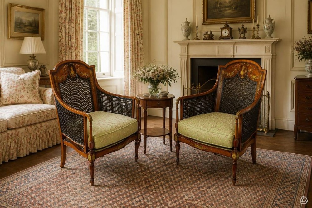 A pair of late Victorian Sheraton Revival satinwood bergere armchairs featuring hand-painted floral motifs, portrait medallions, caned backs, and yellow fabric seats. View II